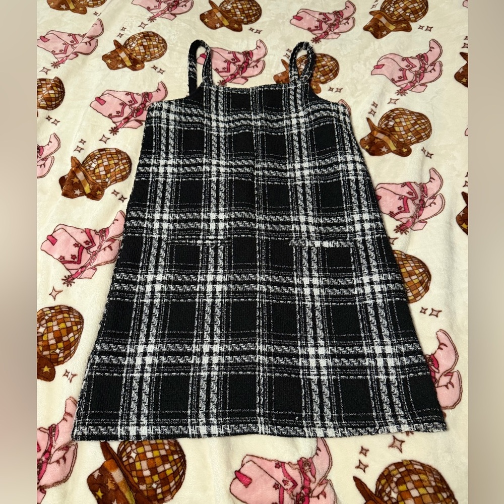 Colorful Planet Tweed Plaid Black and White Kids Casual Dress